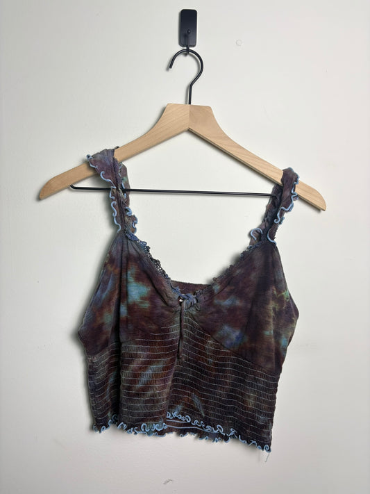 Upcycled SO Brand Women’s Large Tank Top – Earthy Tie-Dye with Ruffle Detail