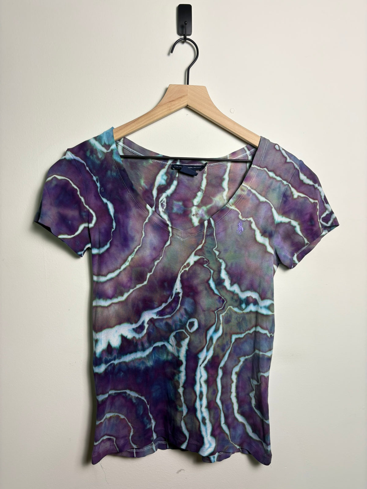 Upcycled Ralph Lauren Women’s Medium Shirt – Geode-Inspired Purple Tie-Dye