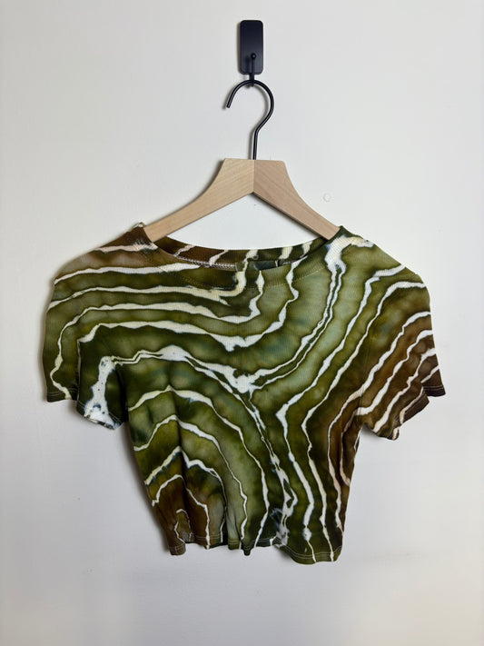 Upcycled Women’s Small Fitted T-Shirt – Geode-Inspired Earthy Tie-Dye