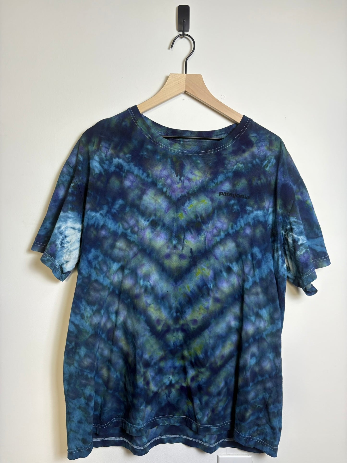 Upcycled Patagonia Men’s Large T-Shirt – Ocean Blue & Earthy Tone Tie-Dye
