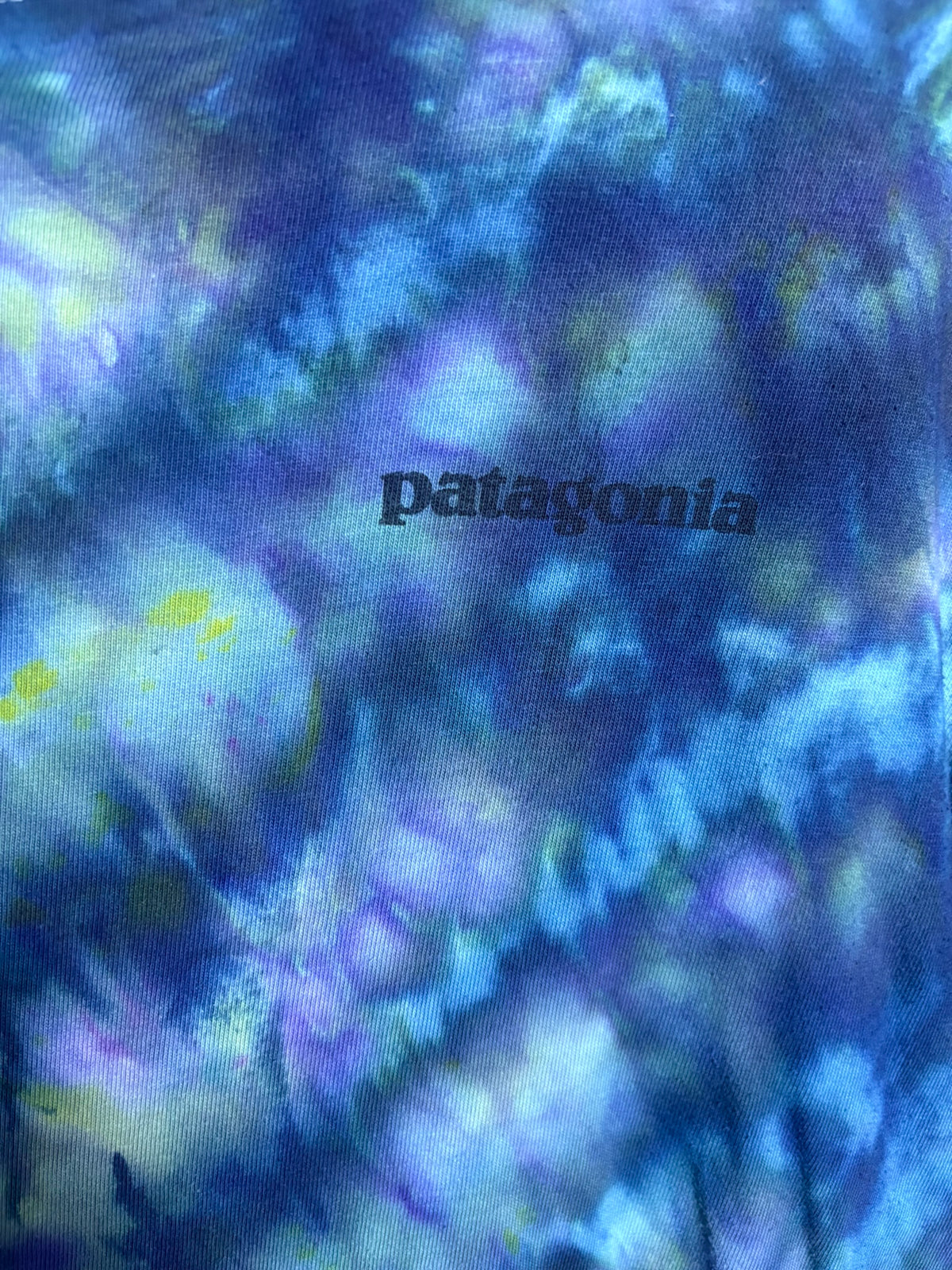 Upcycled Patagonia Men’s Large T-Shirt – Ocean Blue & Earthy Tone Tie-Dye