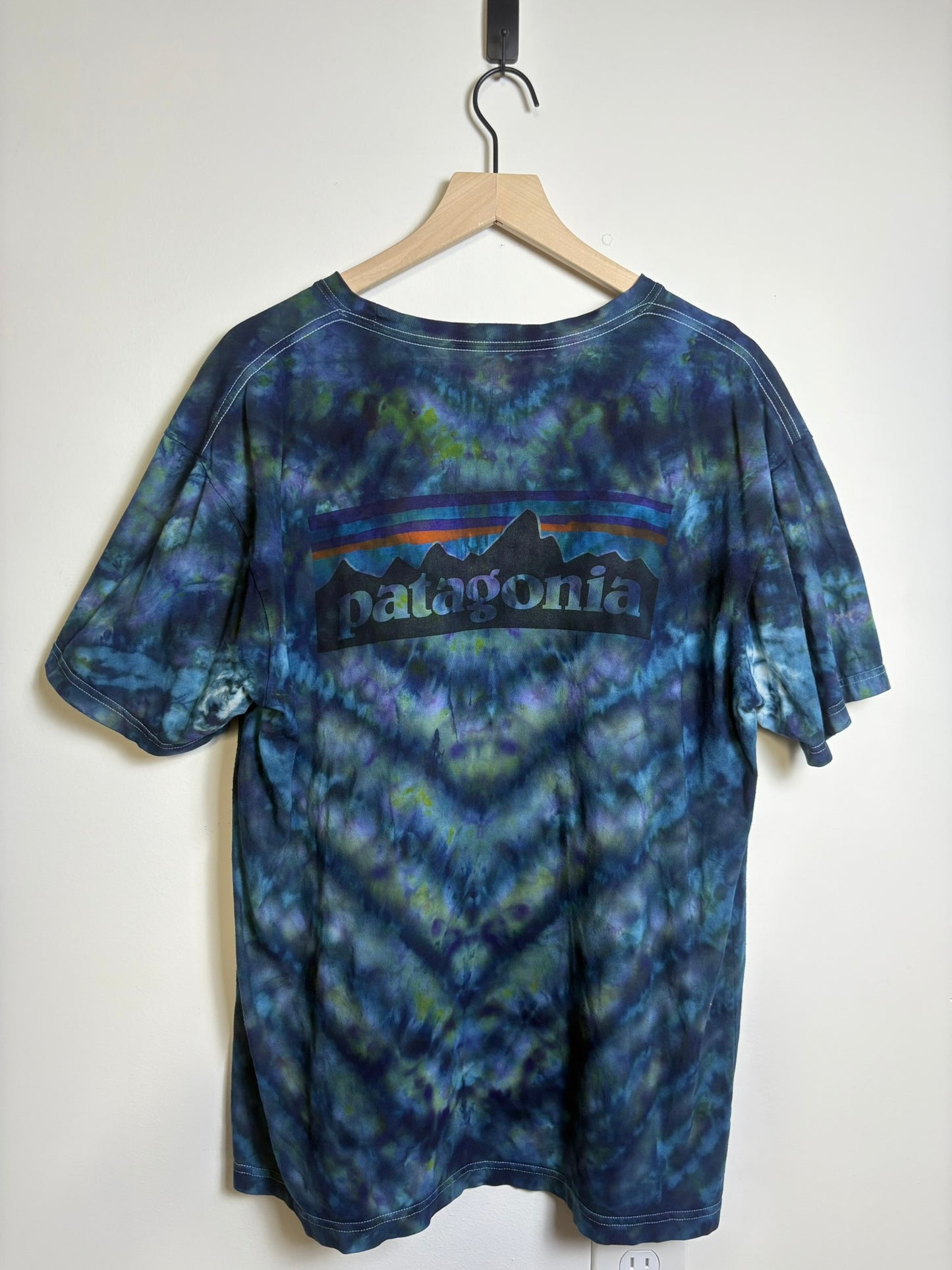 Upcycled Patagonia Men’s Large T-Shirt – Ocean Blue & Earthy Tone Tie-Dye