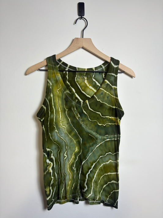 Upcycled LOFT Women’s XS Tank Top – Earthy Green Geode-Inspired Tie-Dye