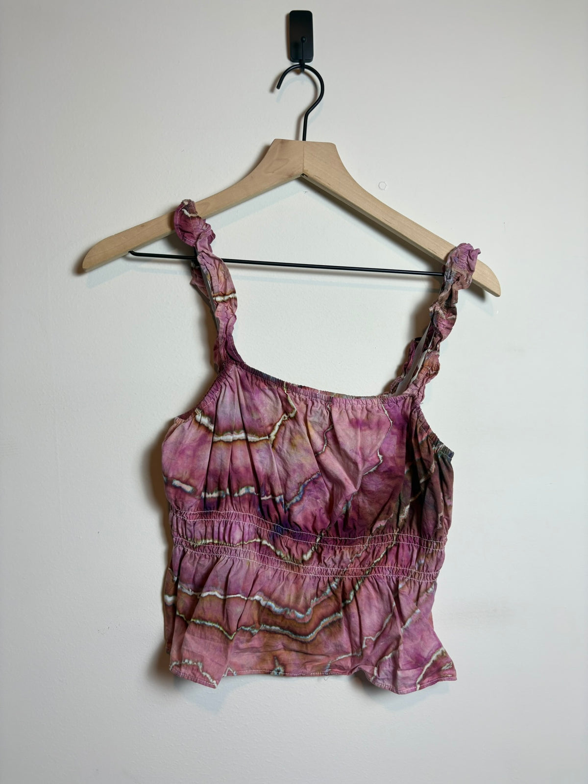 Upcycled Divided Women’s Small Tank Top – Earthy Red & Pink Tie-Dye with Ruffled Straps