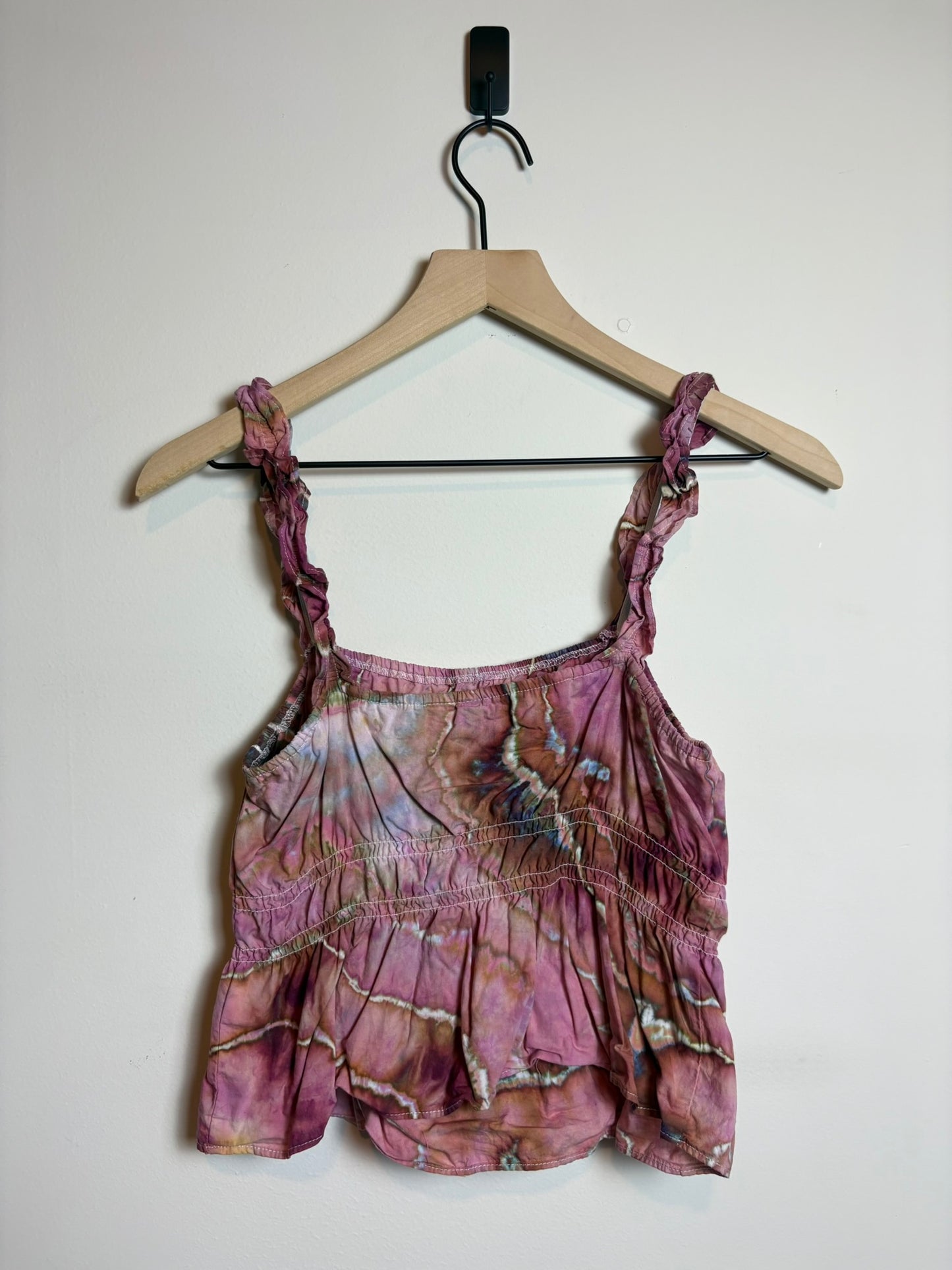 Upcycled Divided Women’s Small Tank Top – Earthy Red & Pink Tie-Dye with Ruffled Straps