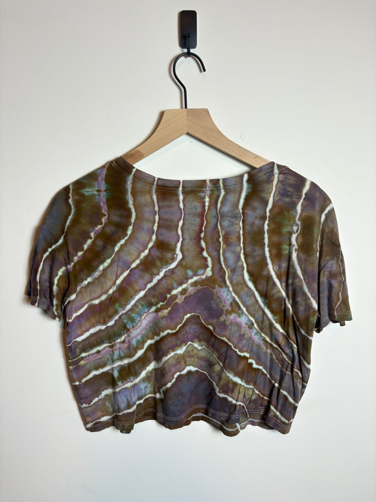 Upcycled Old Navy Women’s Small Cropped Shirt – Earthy Brown & Purple Geode Tie-Dye