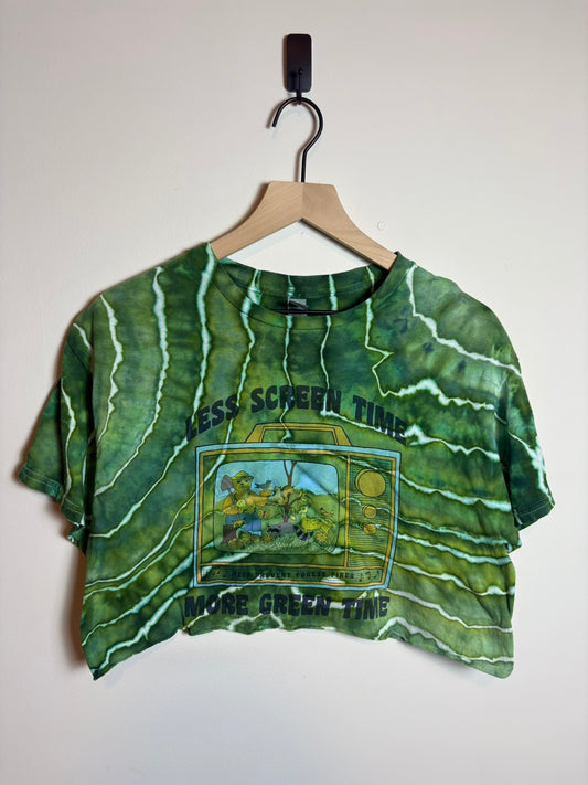 Upcycled "Less Screen Time" Cropped Medium T-Shirt – Medium Earthy Green Geode Tie-Dye