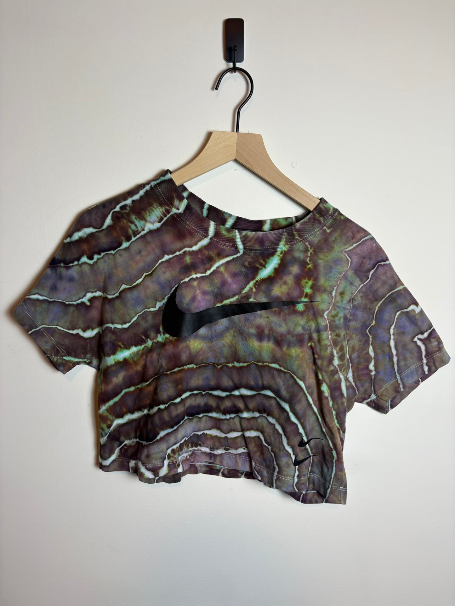 Upcycled Nike Women’s Medium Cropped Shirt – Earthy Purple & Green Geode Tie-Dye