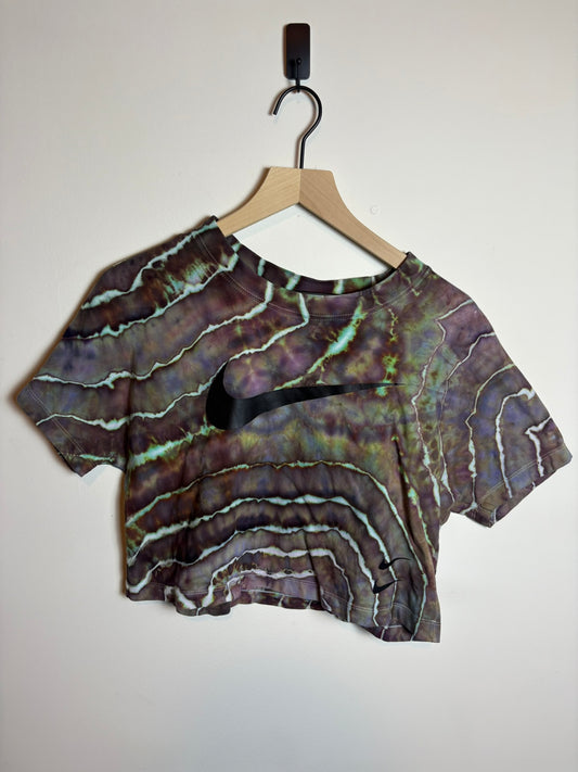 Upcycled Nike Women’s Medium Cropped Shirt – Earthy Purple & Green Geode Tie-Dye