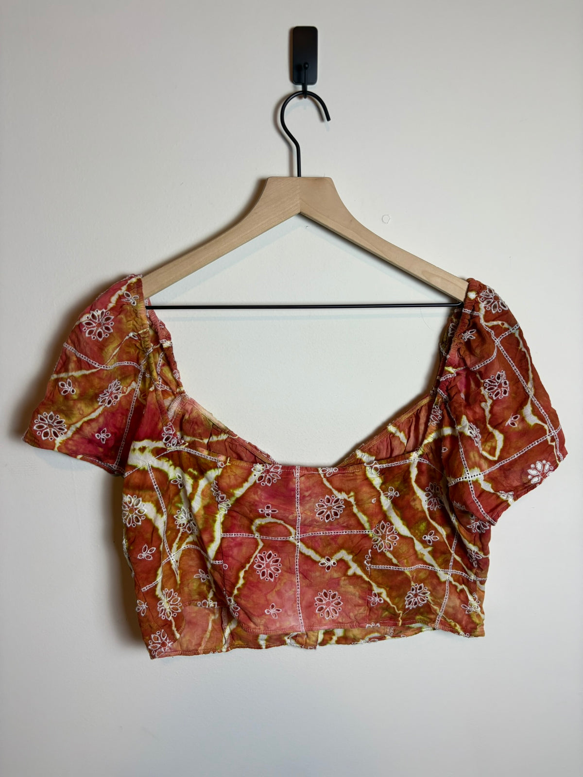 Upcycled Women’s Large Cropped Embroidered Shirt – Earthy Orange Geode Tie-Dye