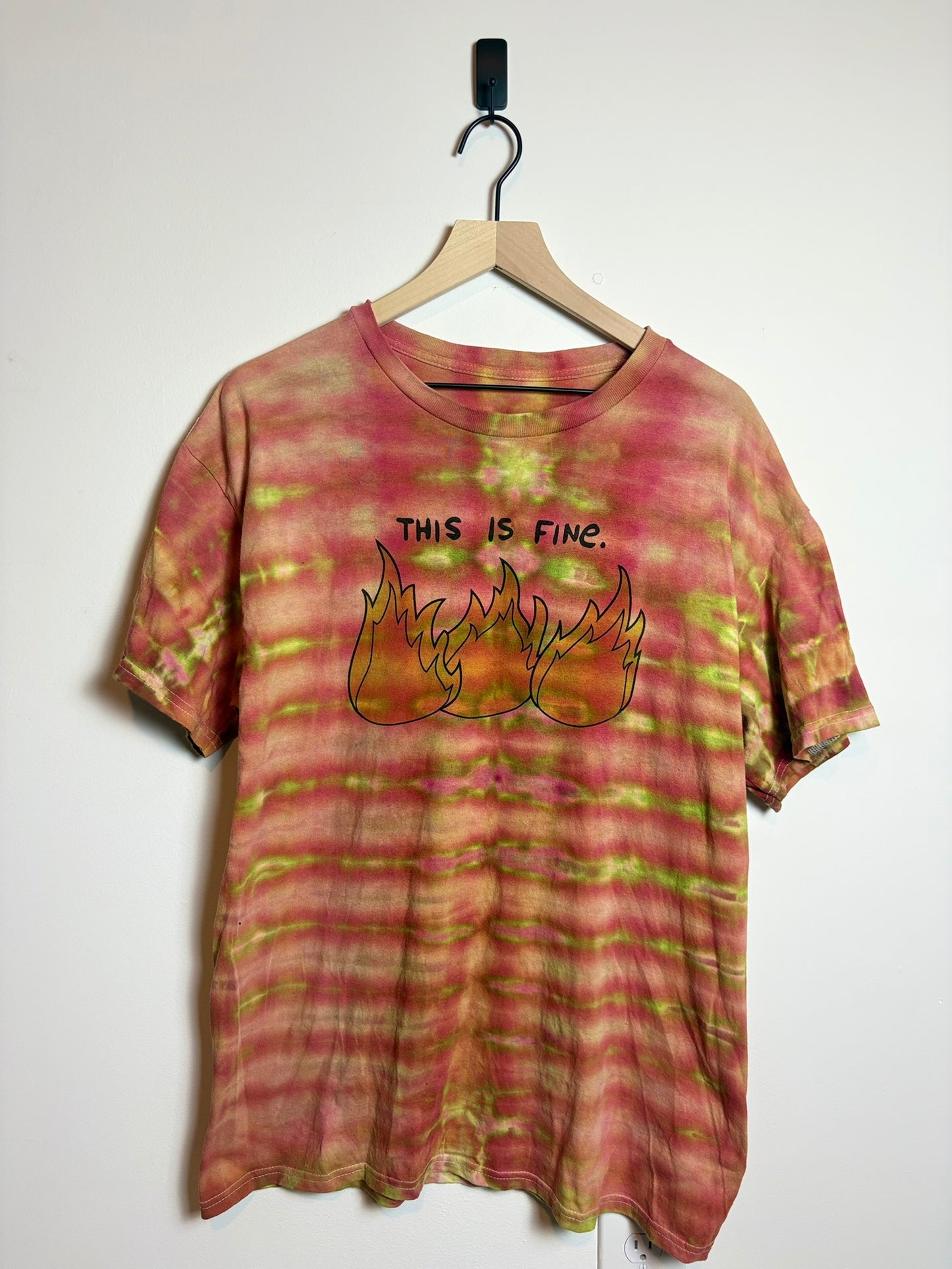Upcycled “This Is Fine” Large Graphic Tee – Fiery Earth-Toned Tie-Dye