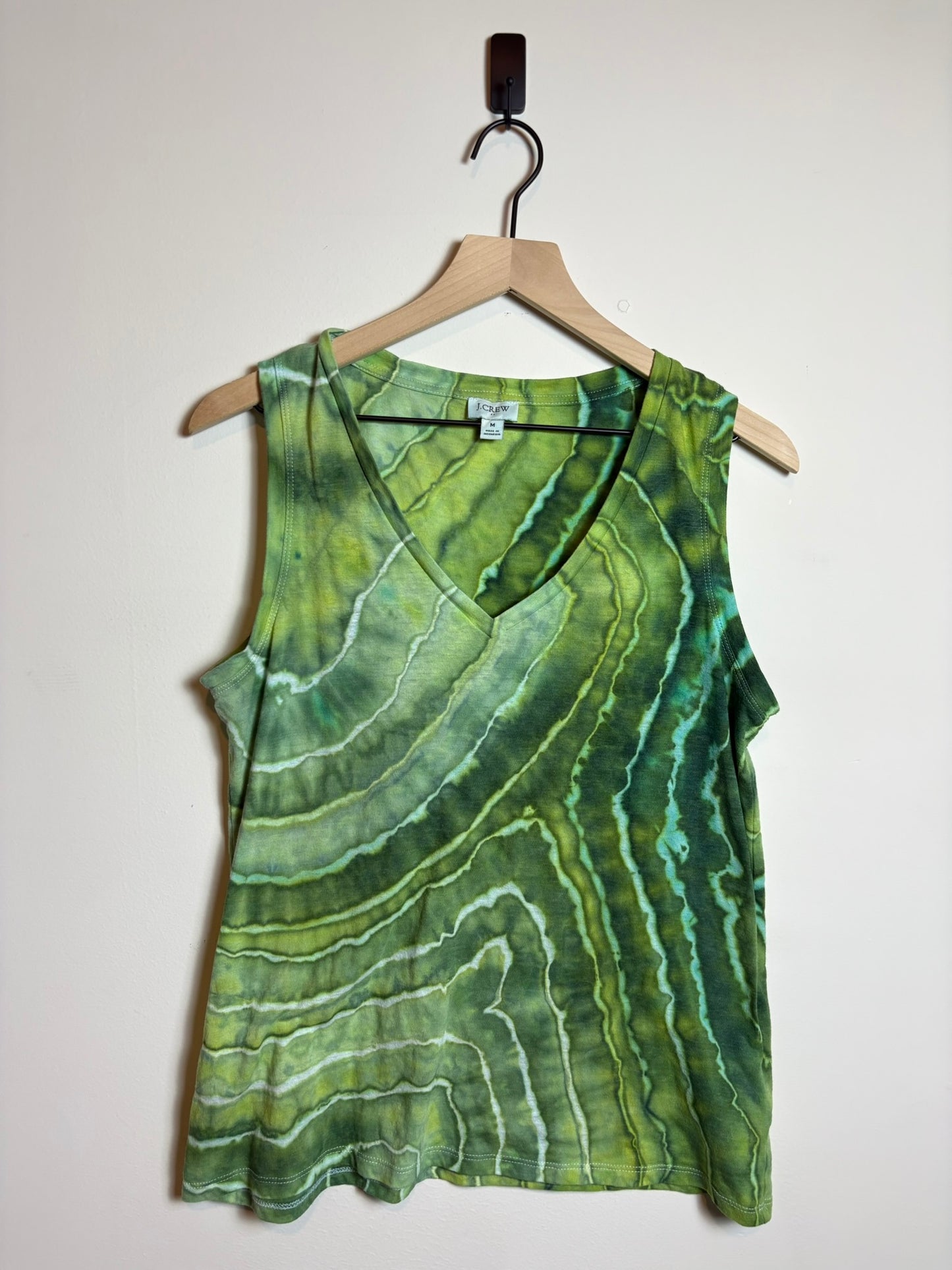 Upcycled J.Crew Sleeveless V-Neck Medium Top – Earthy Green Geode Tie-Dye