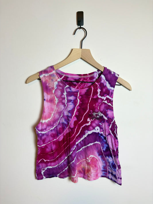 Upcycled Small Yoga Sleeveless Flowy Top – Pink & Purple Geode Tie-Dye
