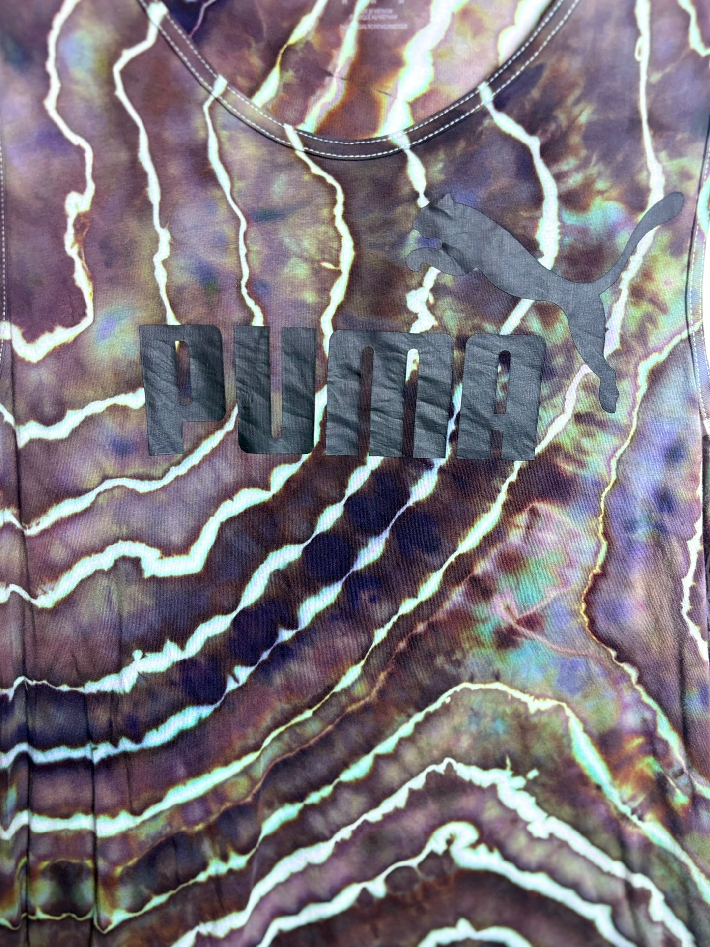Upcycled Women’s Medium Sleeveless T-Shirt – Brown & Purple Geode Tie-Dye